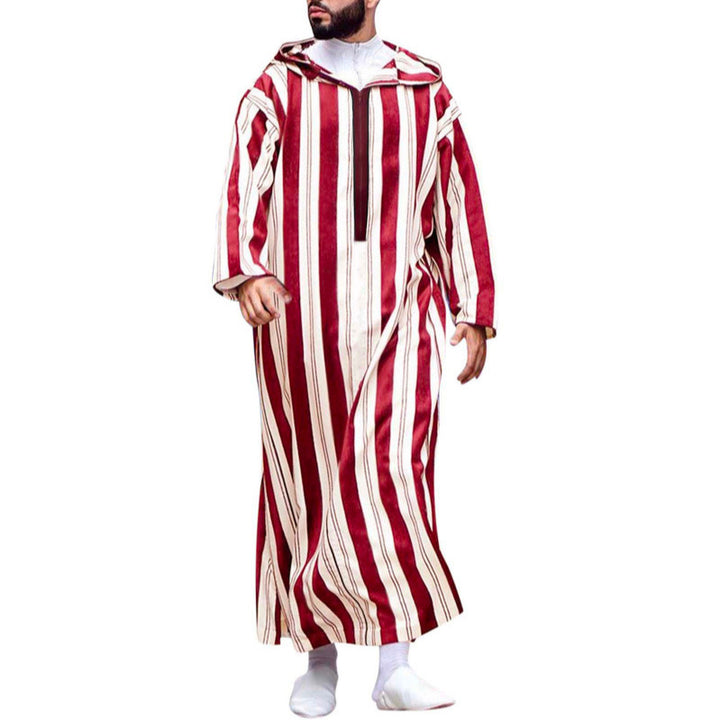 Ladies long hooded shirt dress with front zipper and vertical stripe pattern StylebySassy