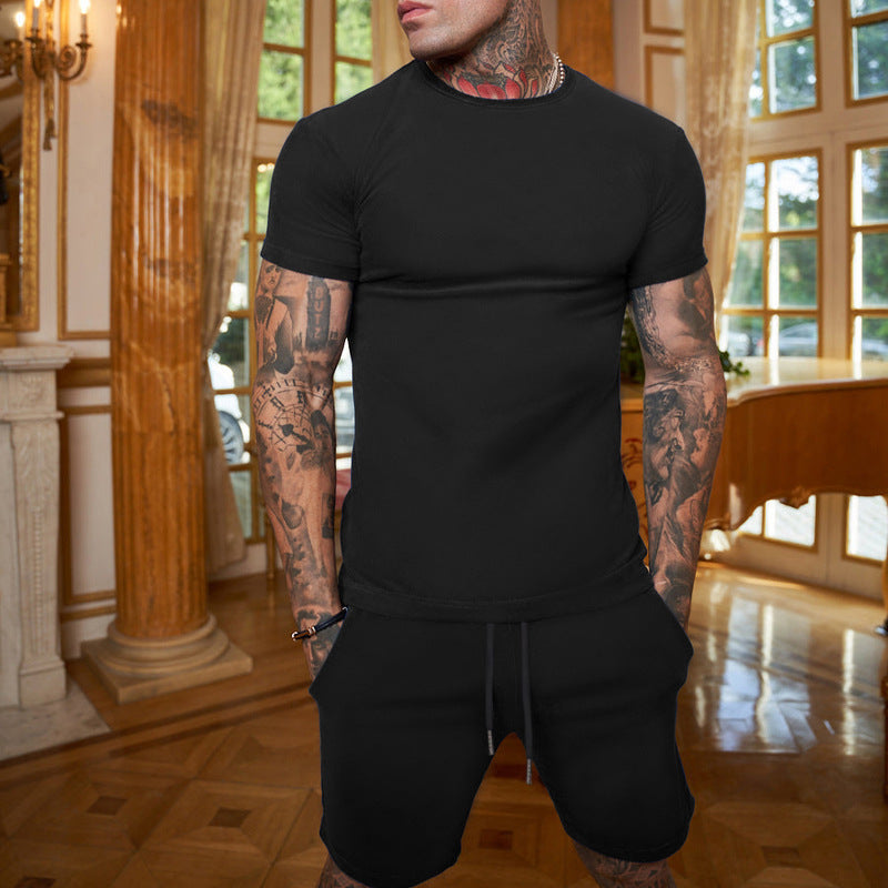 Men's slim Jersey set with round neck shirt and elastic drawstring shorts StylebySassy