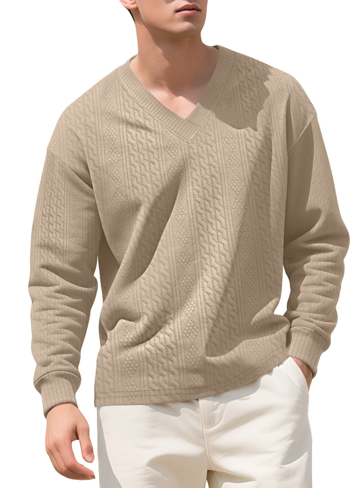 Men's structured V-neck knitted sweater with cable and honeycomb pattern StylebySassy