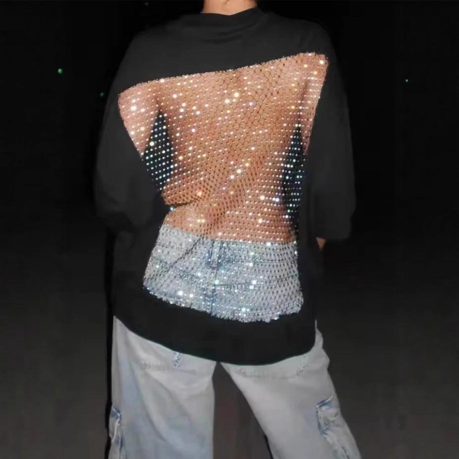 Women's oversized T-shirt with transparent mesh back, rhinestone embellishment and jeans print StylebySassy