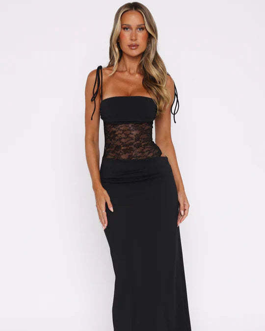Women’s elegant max dress with transparent lace bodice, bandeau top, and tie straps StylebySassy