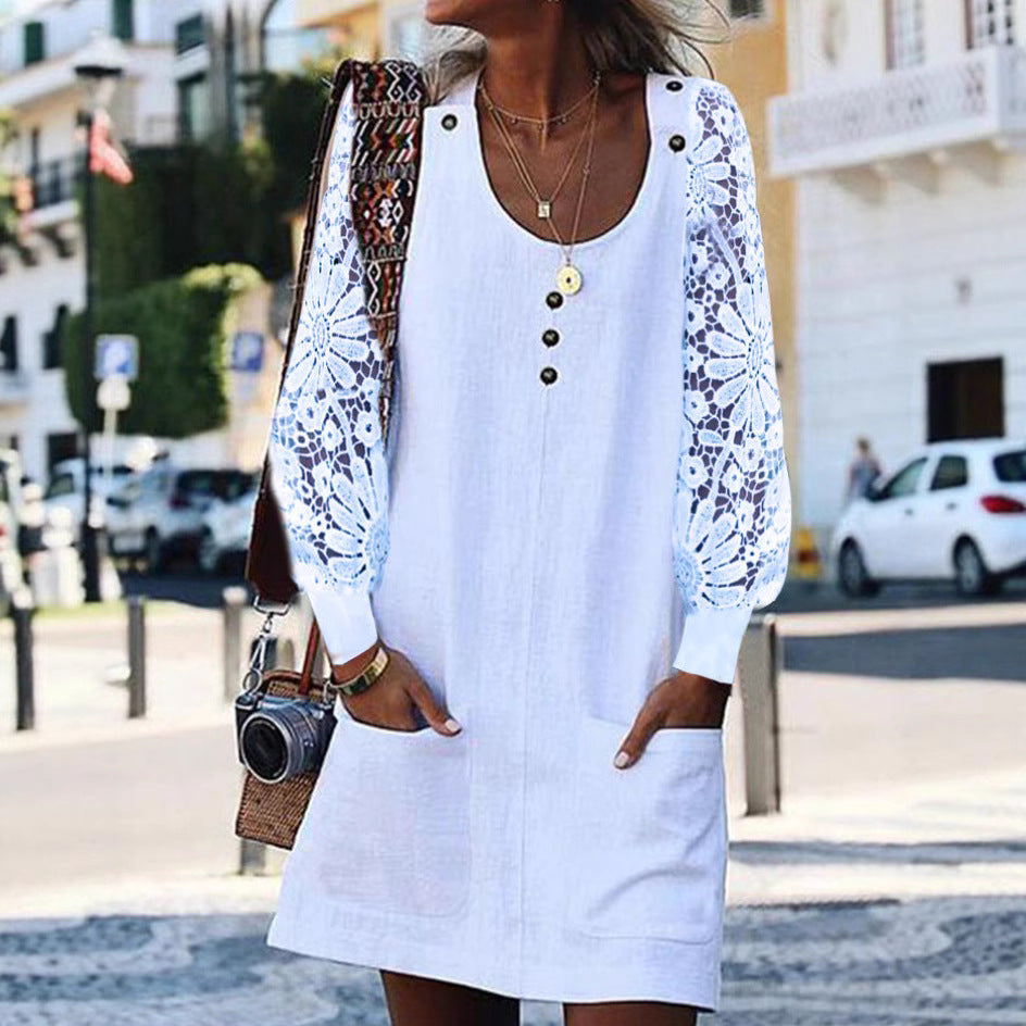 Women's relaxed linen mini dress with floral crochet sleeves, U-neckline and patch pockets StylebySassy