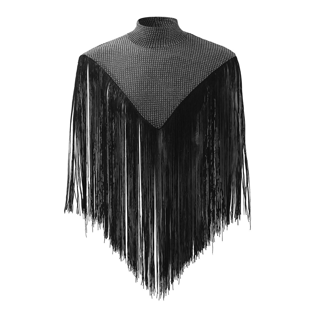 Ladies long fringed cape with turtleneck and V-shaped insert StylebySassy