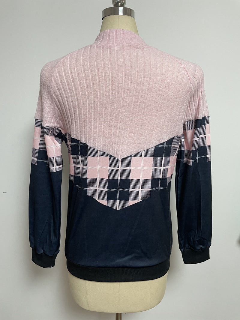 Ladies nan soft-grippy sweatshirt with short zipper, stand-up collar and check panel StylebySassy