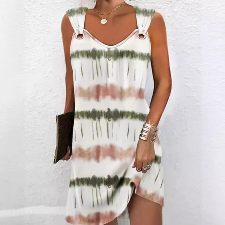 Women's sleeveless V-neck summer dress with decorative metal eyelets on wide straps and casual A-line silhouette StylebySassy