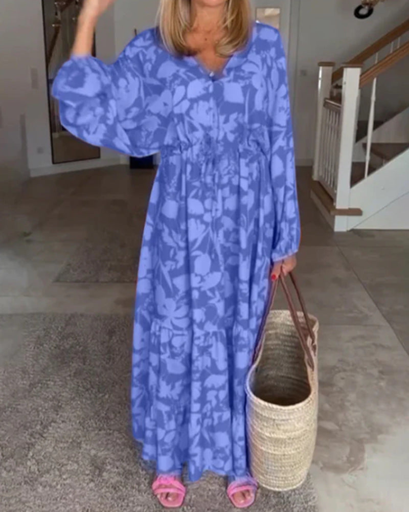 Ladies airy tiered maxi dress with V-neck tunnel waist and balloon sleeves StylebySassy