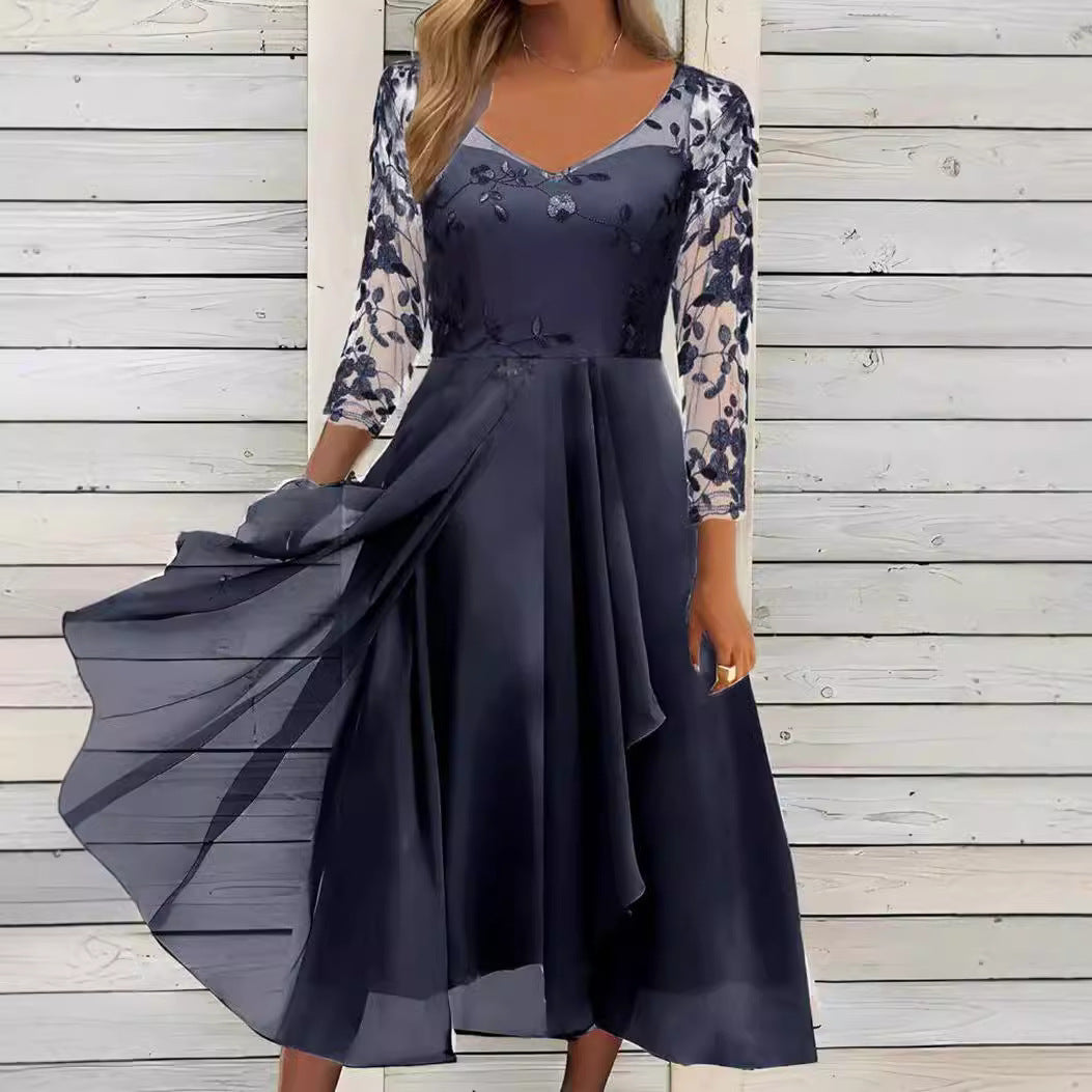 Women's V-neck chiffon midi dress with embroidered bodice, transparent three-quarter sleeves, and asymmetric layered skirt StylebySassy