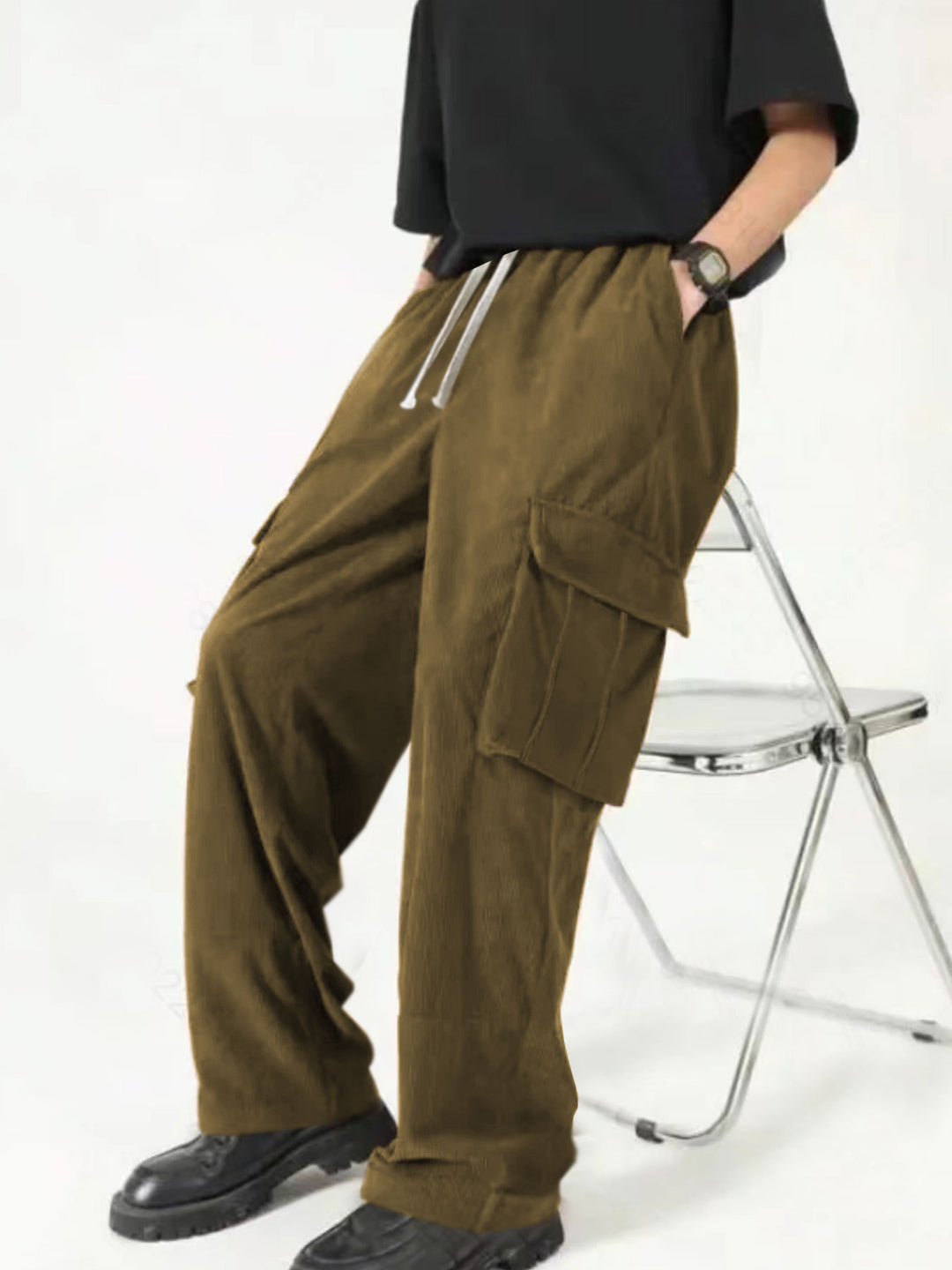 Men's loose wide corduroy cargo pants with drawstring waistband and large flap pockets StylebySassy