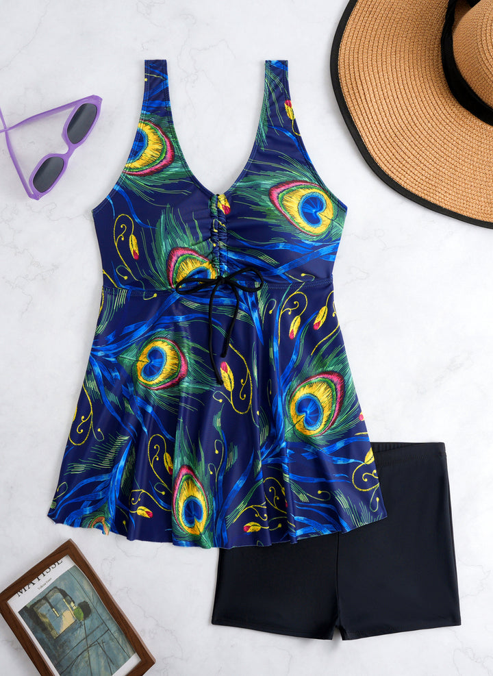 Ladies' tankini set with stylish ruffle and graphic peacock pattern StylebySassy