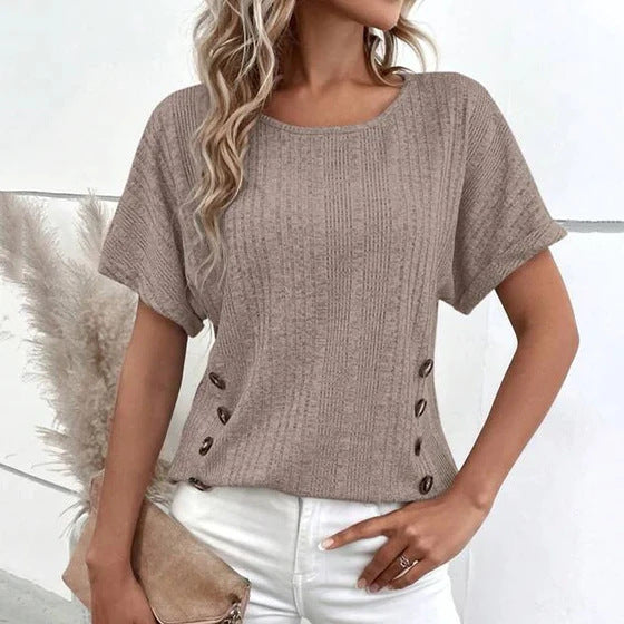 Ladies' knitted fine rib top with round neck and side decorative button placket StylebySassy