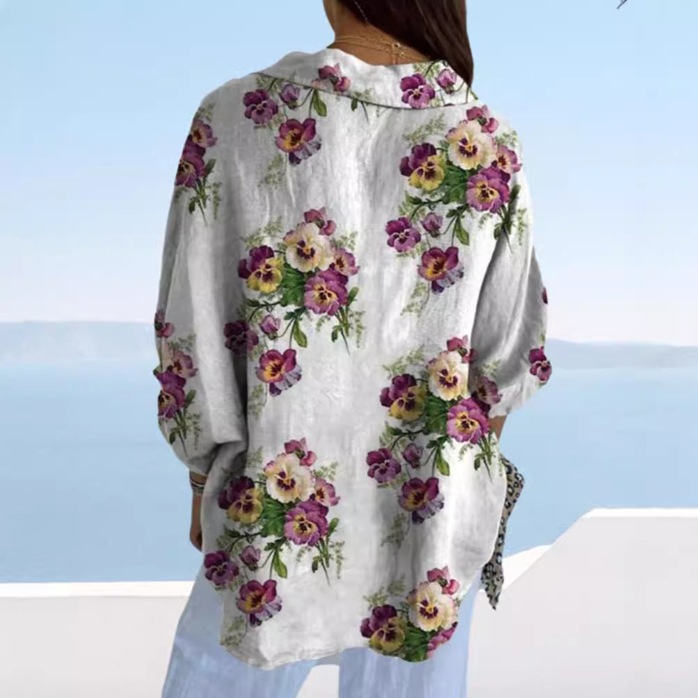 Women's lightweight linen-look shirt blouse with floral pattern, loose fit, roll-up sleeves, and patch pockets StylebySassy