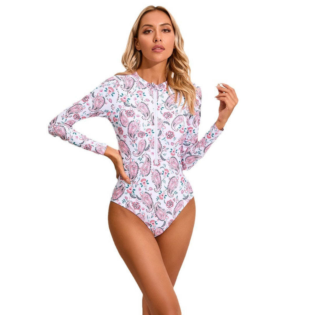Women's High Neck One-Piece Swimsuit with Zip and Floral Pattern StylebySassy