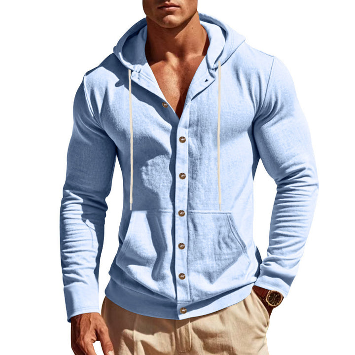 Men's lightweight hoodie cardigan with full button placket, slim fit and kangaroo pocket StylebySassy
