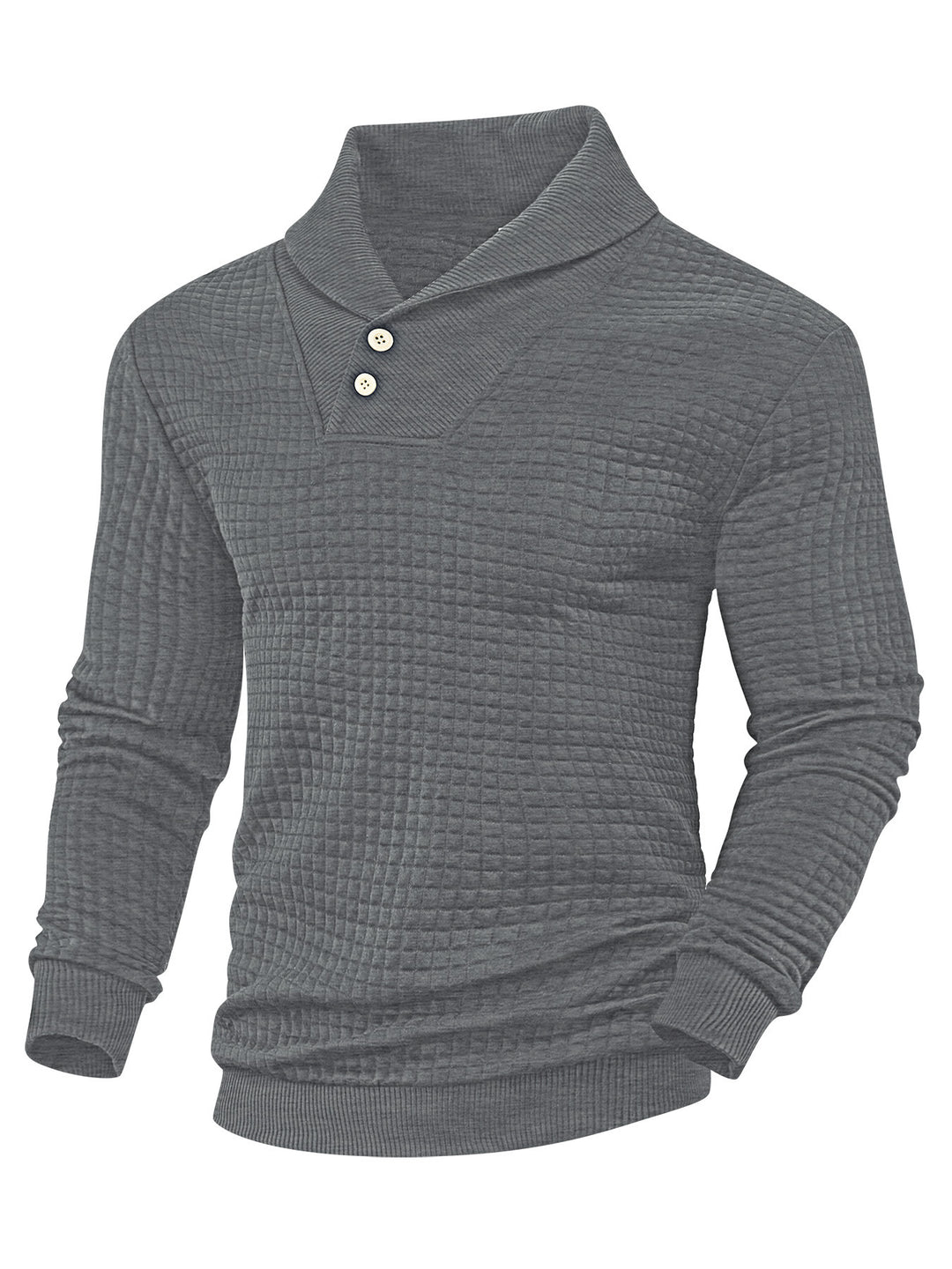 Men's elegant knitted pullover with shawl collar, button placket at neckline and check waffle texture StylebySassy
