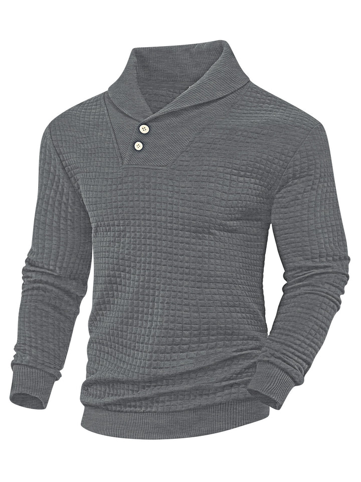 Men's elegant knitted pullover with shawl collar, button placket at neckline and check waffle texture StylebySassy