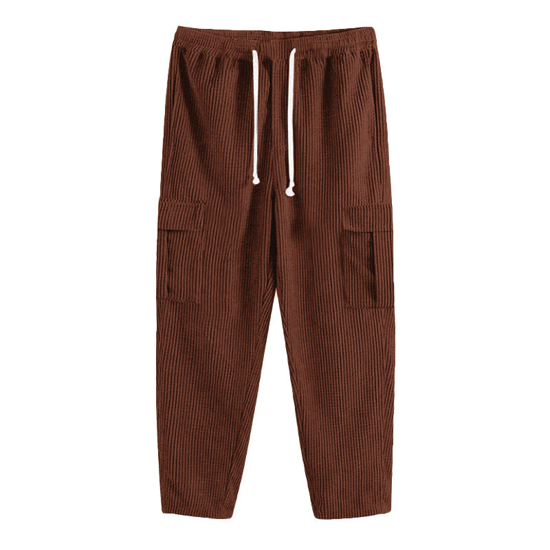 Men's ribbed comfortable cargo pants with elastic drawstring waistband and low-set flap pockets StylebySassy
