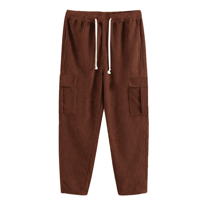Men's ribbed comfortable cargo pants with elastic drawstring waistband and low-set flap pockets StylebySassy