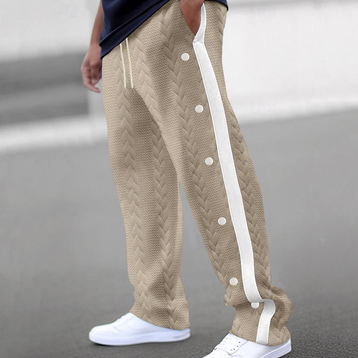 Men's quilted casual pants with continuous snap button placket and contrast stripes StylebySassy