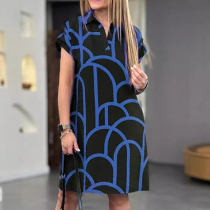 Ladies' geometric shift dress with polo collar and rolled-up short sleeves StylebySassy