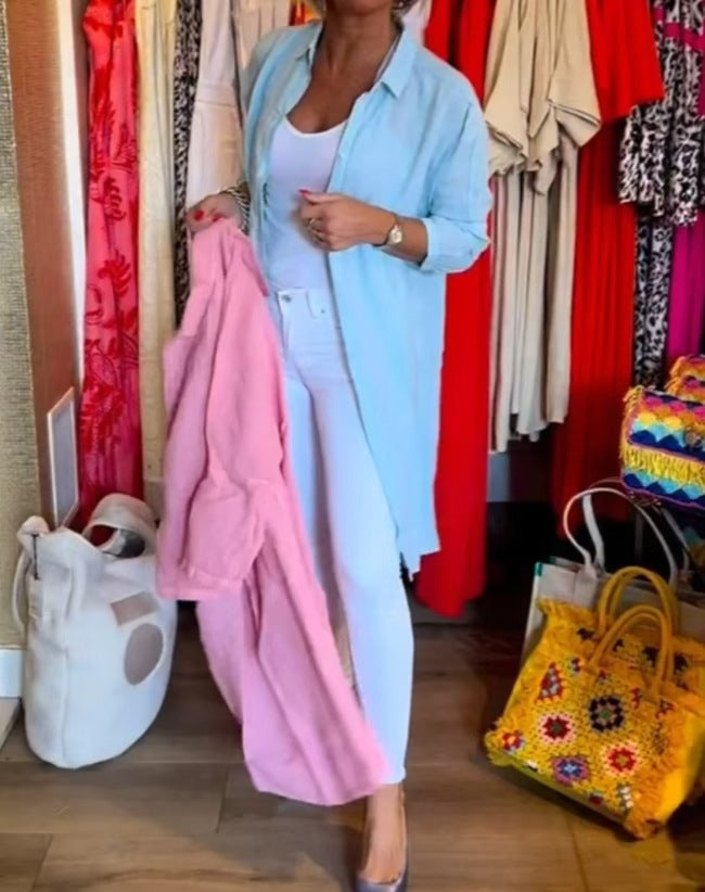 Women's open long blouse in linen mix with Kent collar, dropped shoulder and side slits StylebySassy