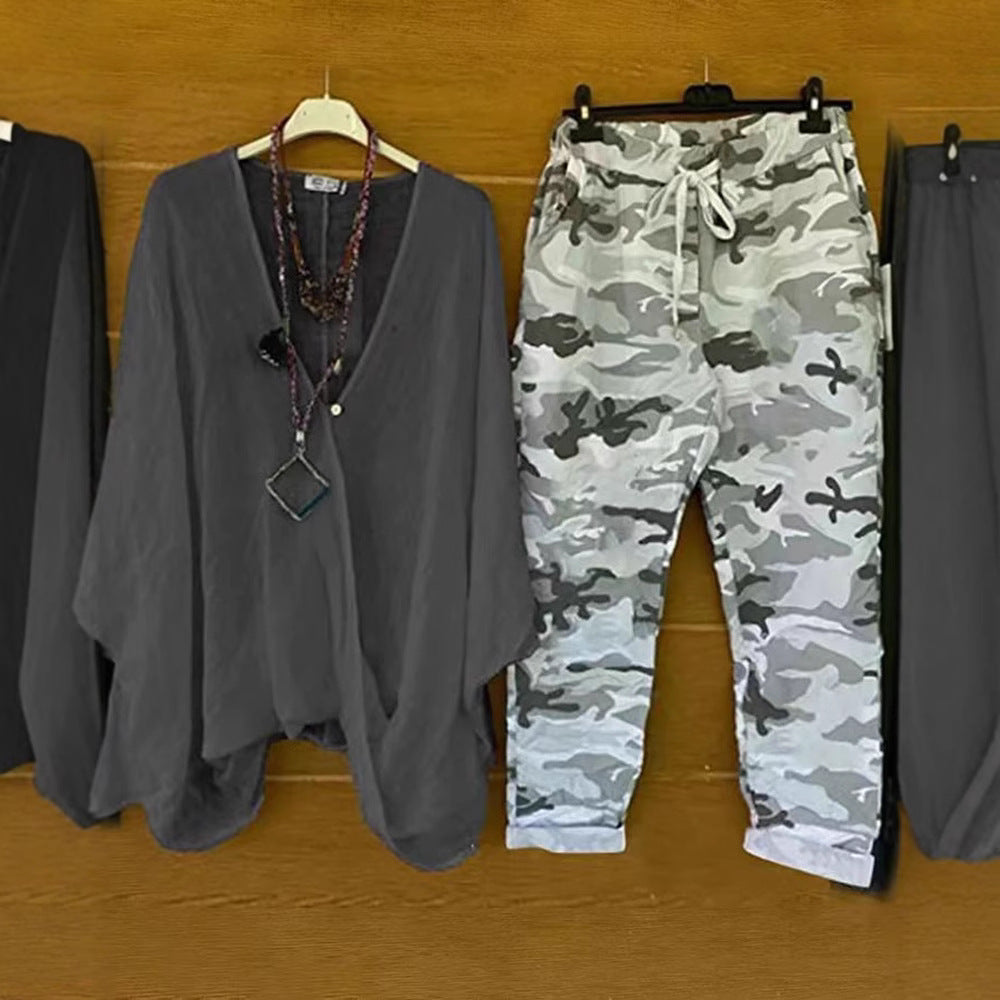 Women's two-piece outfit consisting of flowing kimono top and camouflage jogging pants StylebySassy