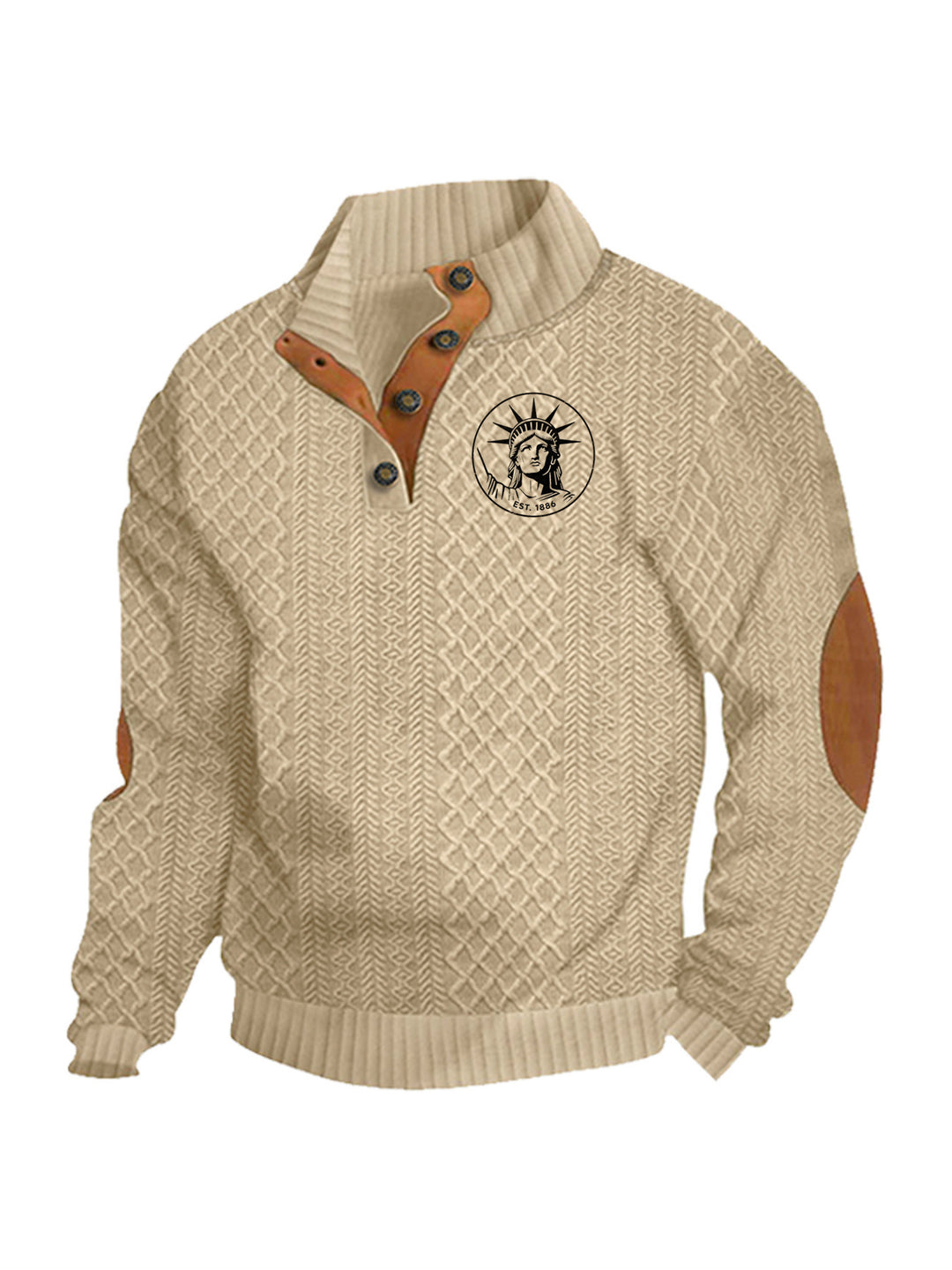 Men's nan Heritage textured pullover with stand-up collar faux leather trim elbow patches and half-button placket StylebySassy