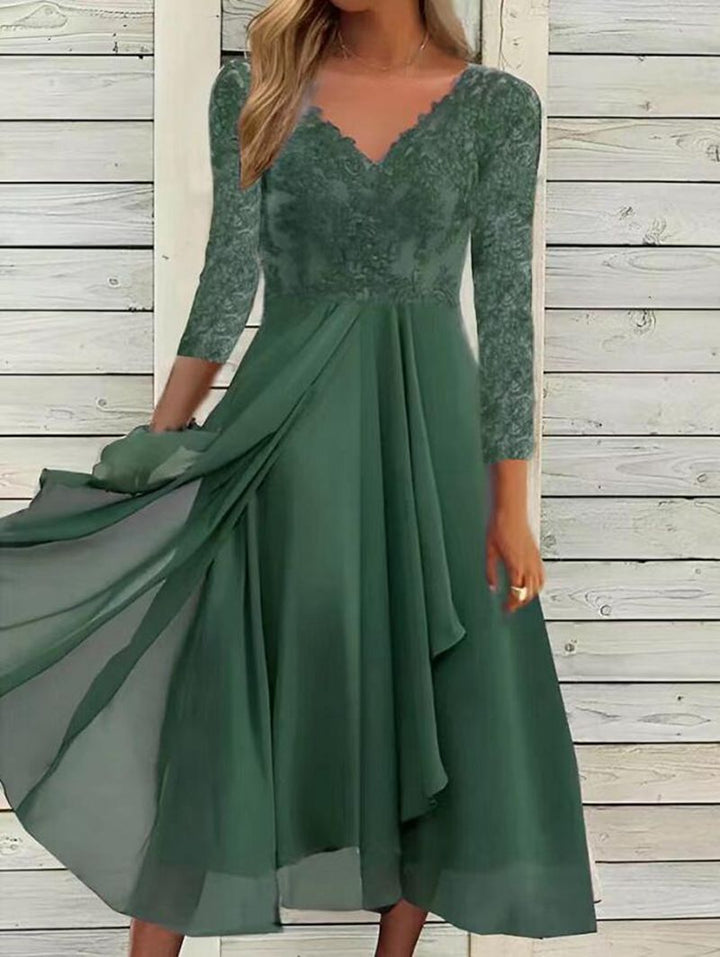 Women’s lace top midi dress with V-neck, layered chiffon skirt and three-quarter sleeves StylebySassy