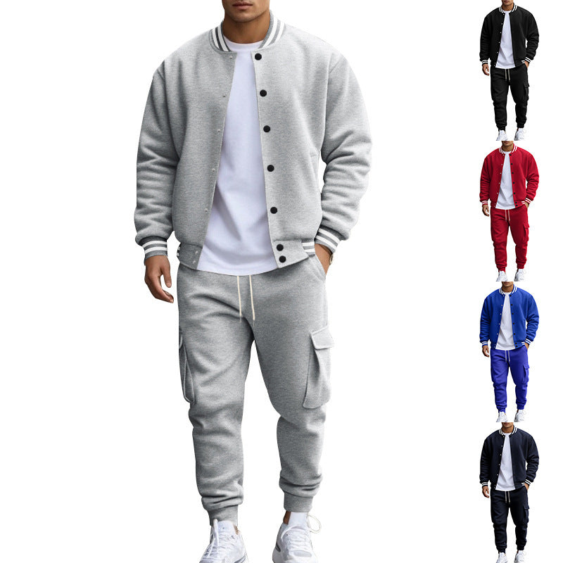 Men's sporty college two-piece made of heavy sweat with ribbed cuffs, snap-button bomber jacket and cargo jogger StylebySassy