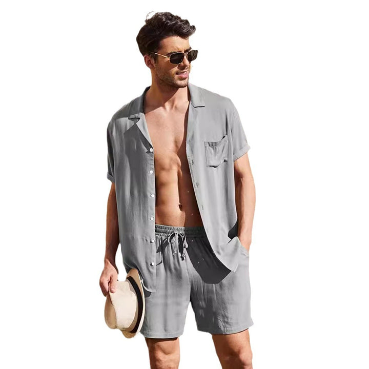 Men's two-piece summer casual ensemble with open collar shirt and elastic shorts StylebySassy