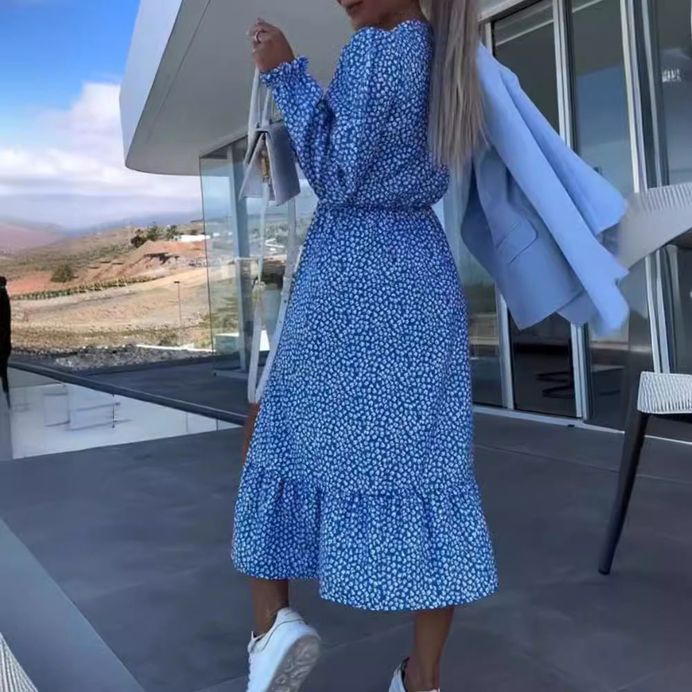 Women nan midi dress with V-neck gathered waist seam long sleeves flounce hem and side leg slit StylebySassy