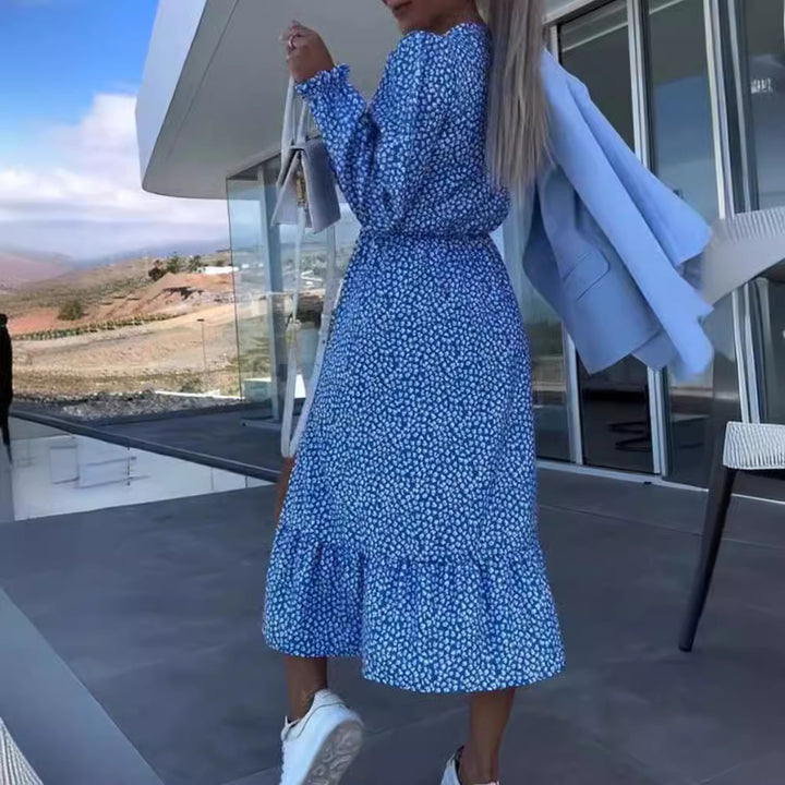 Women nan midi dress with V-neck gathered waist seam long sleeves flounce hem and side leg slit StylebySassy