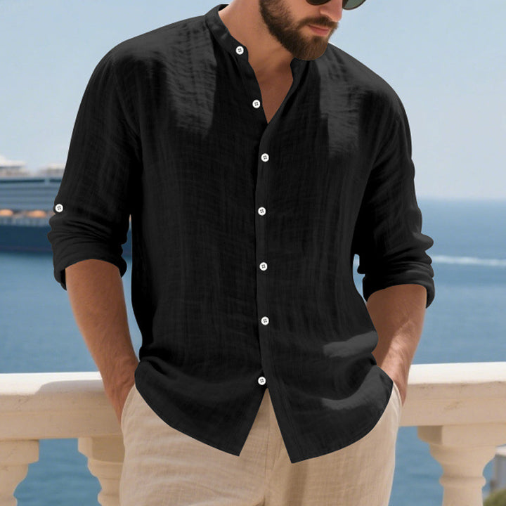 Men's relaxed long-sleeve shirt made of airy linen-cotton blend with Mandarin collar and rounded hem StylebySassy