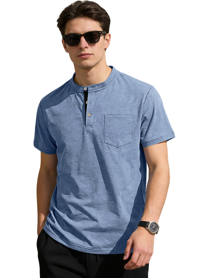 Men's structured cotton henley shirt with short stand-up collar button placket and chest pocket StylebySassy