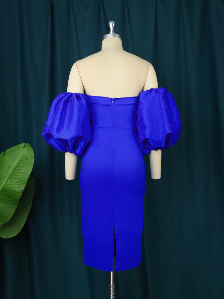 Ladies fitted dress with off-shoulder design and voluminous puff sleeves StylebySassy