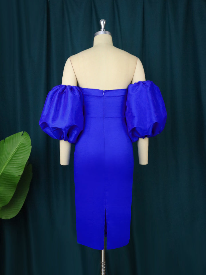 Ladies fitted dress with off-shoulder design and voluminous puff sleeves StylebySassy