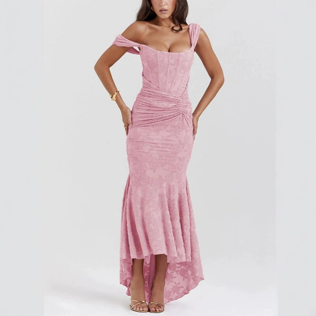 Women’s tight-fitting corset evening dress with integrated boning, ruched wrap design, and floral jacquard texture StylebySassy