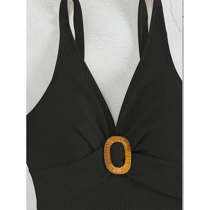 Women's one-piece swimsuit with elegant V-neckline and decorative ring