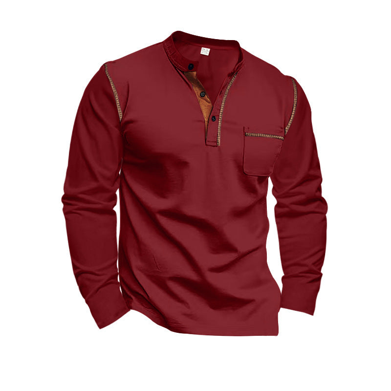 Men's long sleeve shirt with mandarin collar, chest pocket, and contrast decorative seams StylebySassy