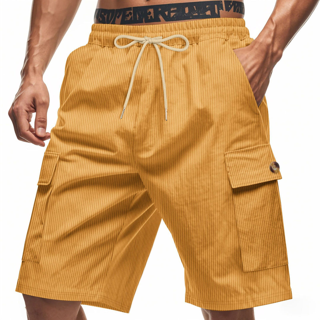 Men's casual utility bermuda with fine ribbed texture, elastic drawstring, and flap pockets StylebySassy