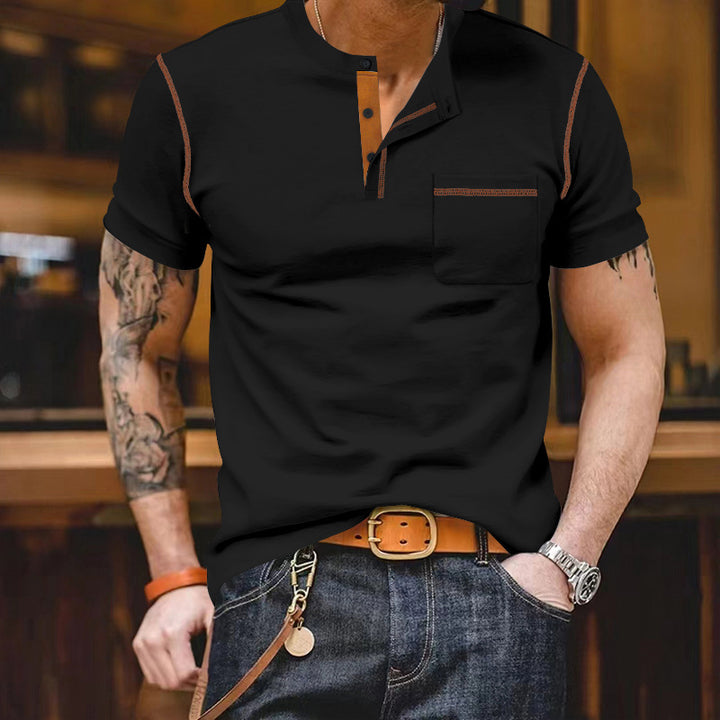 Men's short-sleeve shirt with stand-up collar, half-button placket, and chest pocket StylebySassy