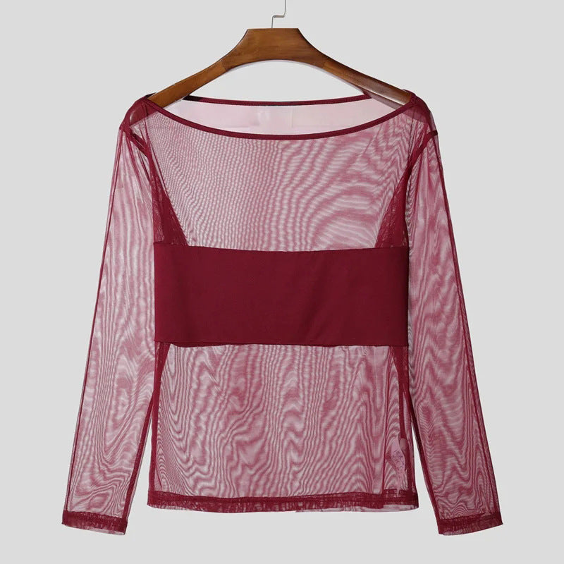 Ladies' sheer mesh long sleeve top with opaque chest band and wide round neckline StylebySassy