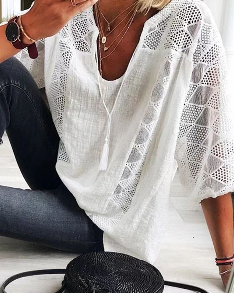 Women's airy crochet blouse with V-neck and balloon sleeves StylebySassy