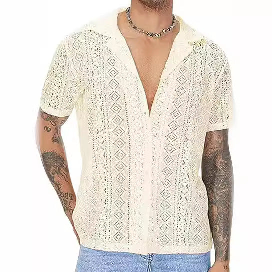 Men's airy crochet knit polo with open V-neck and Kent collar StylebySassy