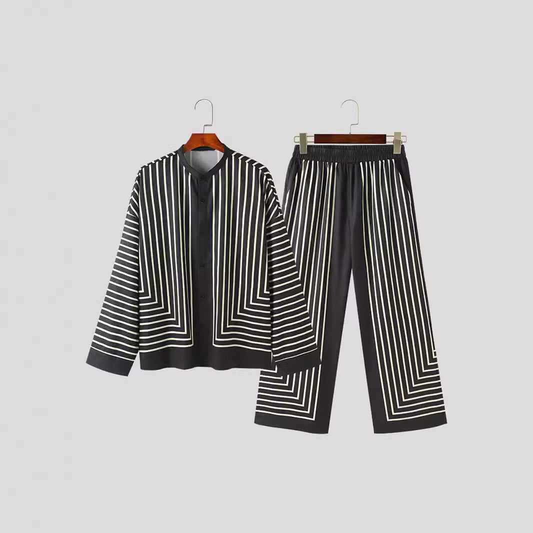 Women's striped lounge two-piece with stand-up collar button-up shirt jacket and straight pajama pants StylebySassy