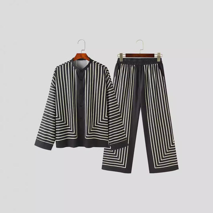Women's striped lounge two-piece with stand-up collar button-up shirt jacket and straight pajama pants StylebySassy