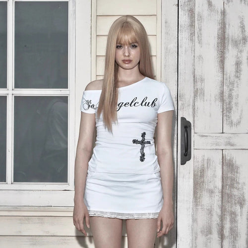 Women Off-Shoulder T-Shirt with Cross Motif StylebySassy