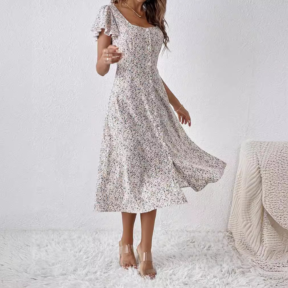 Women's fitted midi dress with square neckline, concealed button placket, and flowing A-line skirt StylebySassy