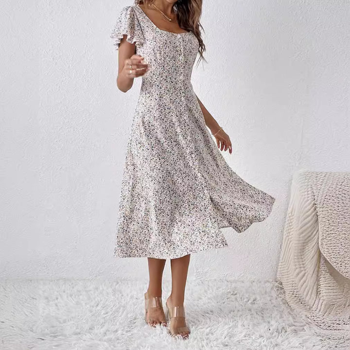 Women's fitted midi dress with square neckline, concealed button placket, and flowing A-line skirt StylebySassy