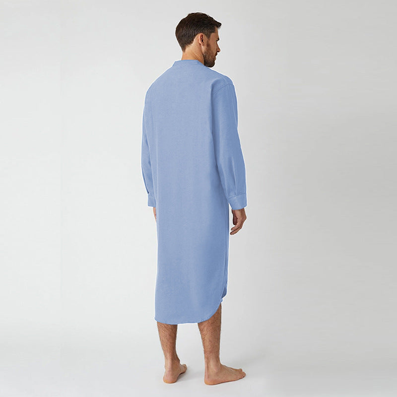 Men's long loose shirt with stand-up collar, chest pocket, and curved hem StylebySassy