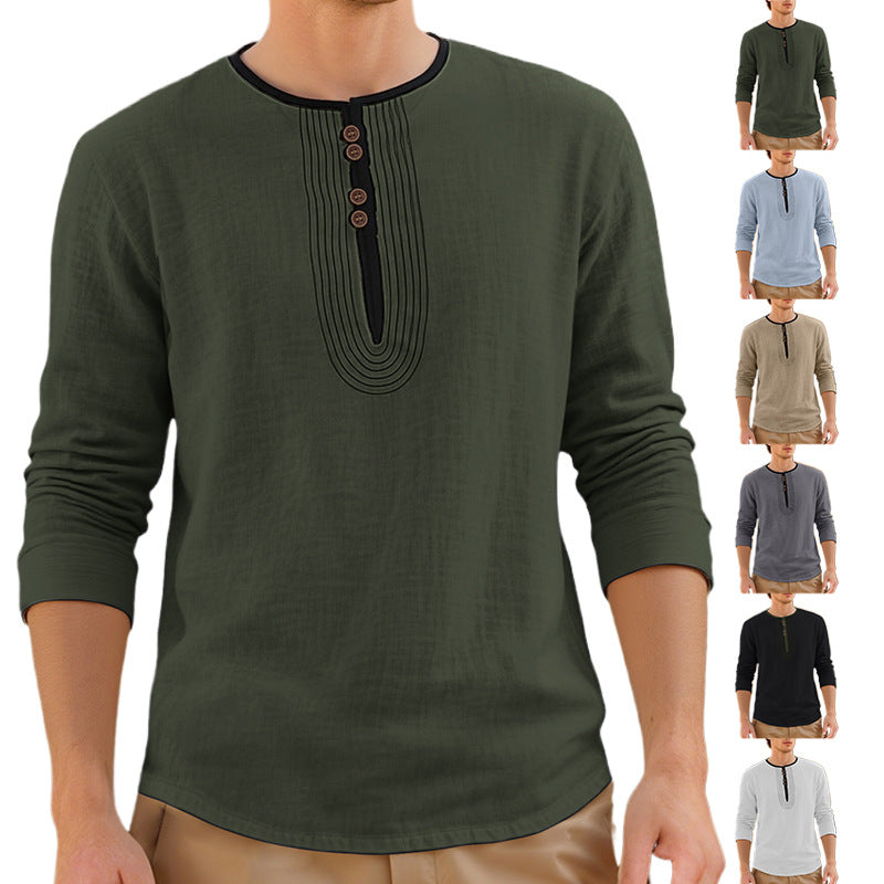 Men's Casual Linen Blend Long Sleeve Shirt with Decorative Button Placket and Decorative Stitching StylebySassy